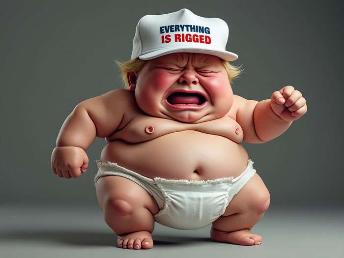 ai-generated image of donald trump as a diapered baby wearing a ball cap labelled "everything is rigged"